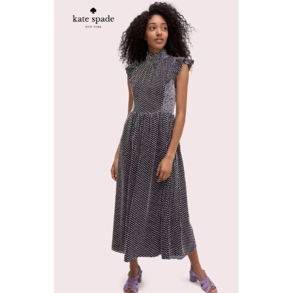 Kate Spade Clip Dot Midi Dress Black White High Neck Ruffle A-Line Silk Blend 6 - Picture 14 of 15